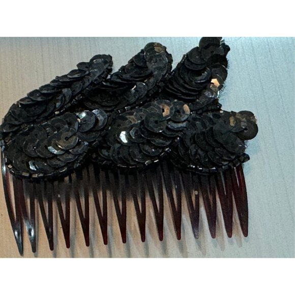 Vtg 1980\'s Black Sequin 3 Leaf Like Pattern Hair Side Comb Beaded Teeth Pick main image 4
